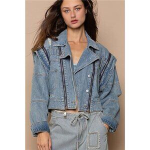 NWT POL Cropped Denim‎ Jacket with Functional Zipper Detail